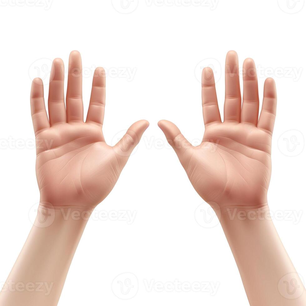 Close-up view of two open hands, showcasing details of the palm and fingers against a plain background. photo
