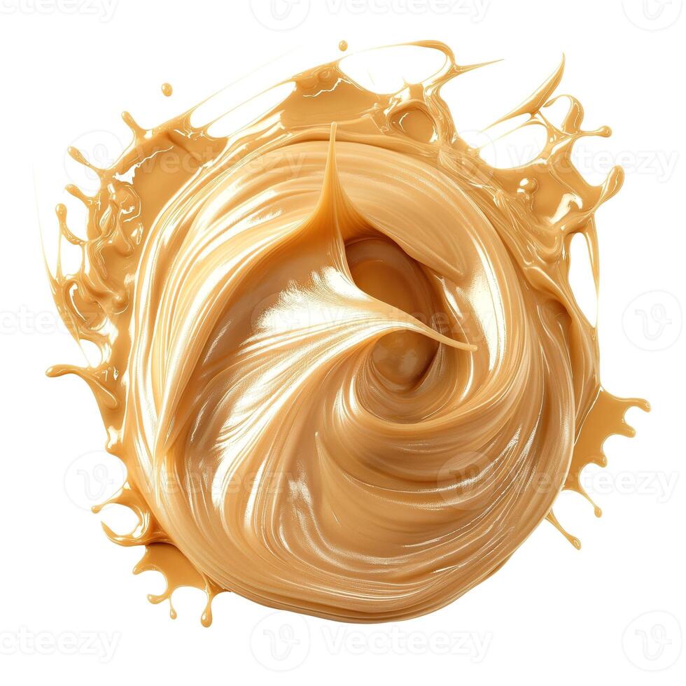 A swirl of creamy beige substance, resembling peanut butter, with dynamic splashes against a white backdrop, creating an artistic effect. photo