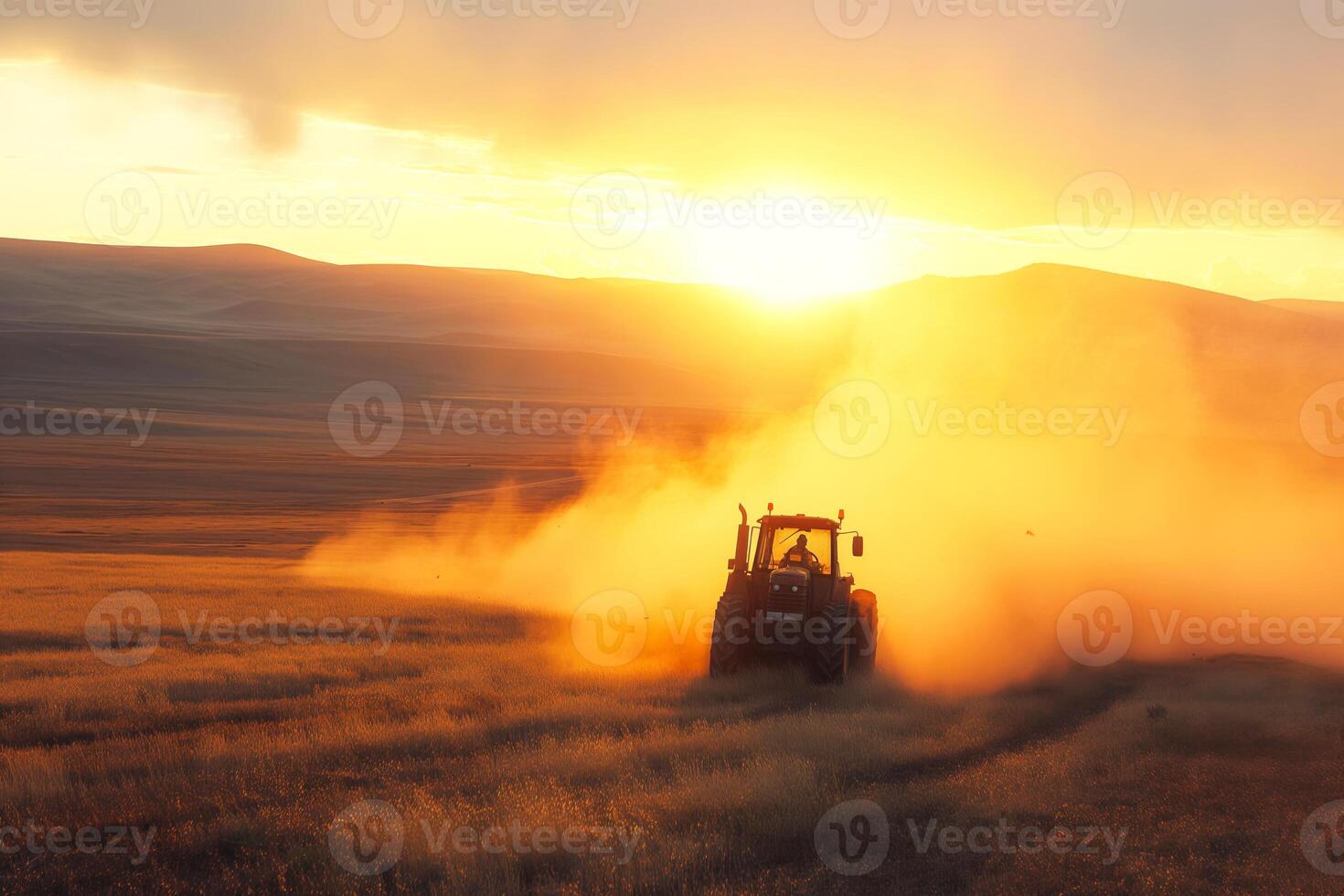 A tractor plows through golden fields at sunset, enveloped in a cloud of dust, capturing the essence of rural life. photo