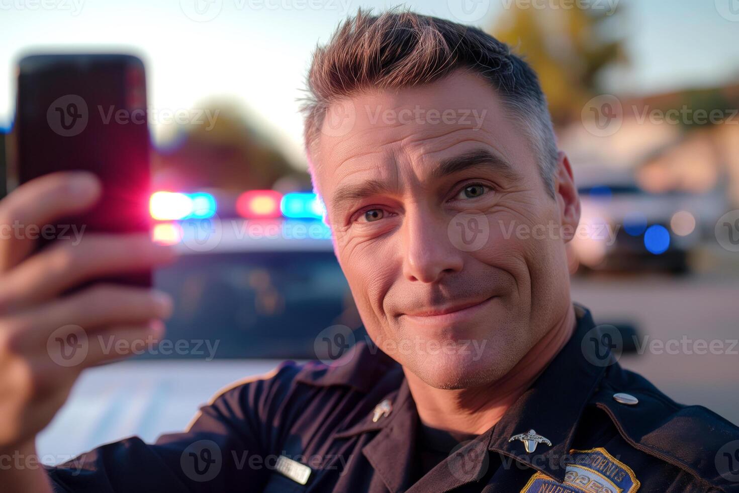 Smiling Caucasian male police officer taking a selfie in front of a police car with flashing lights. photo