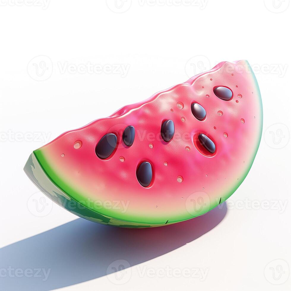 A vibrant, glossy slice of watermelon showcasing its bright pink flesh, dark seeds, and a green rind against a clean background. photo