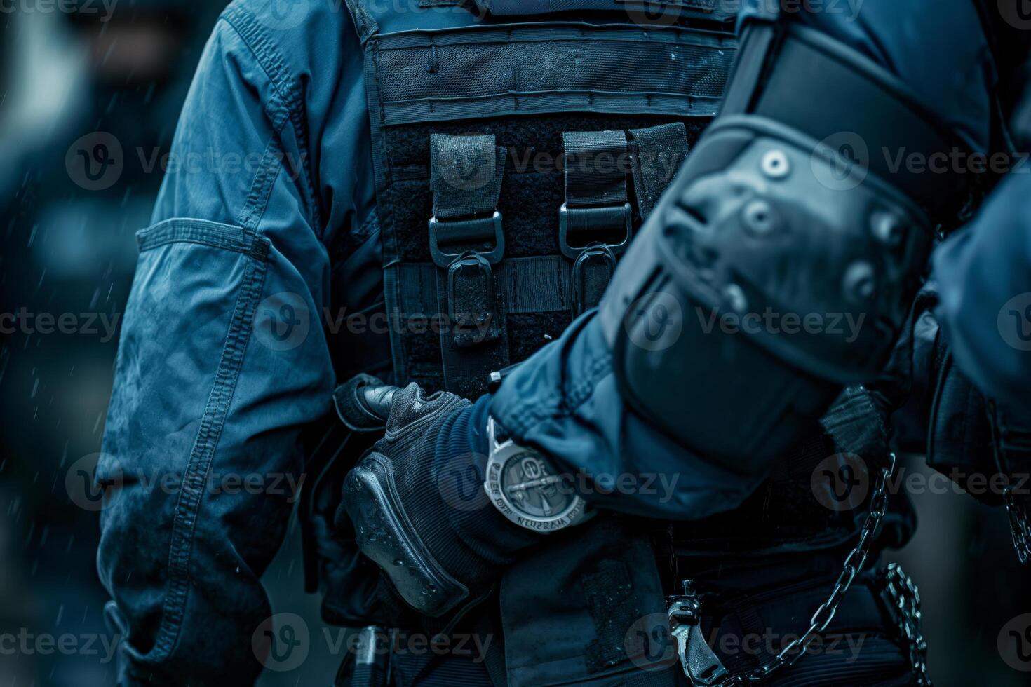 Two men in tactical gear display determination and teamwork in a gritty, intense environment. photo