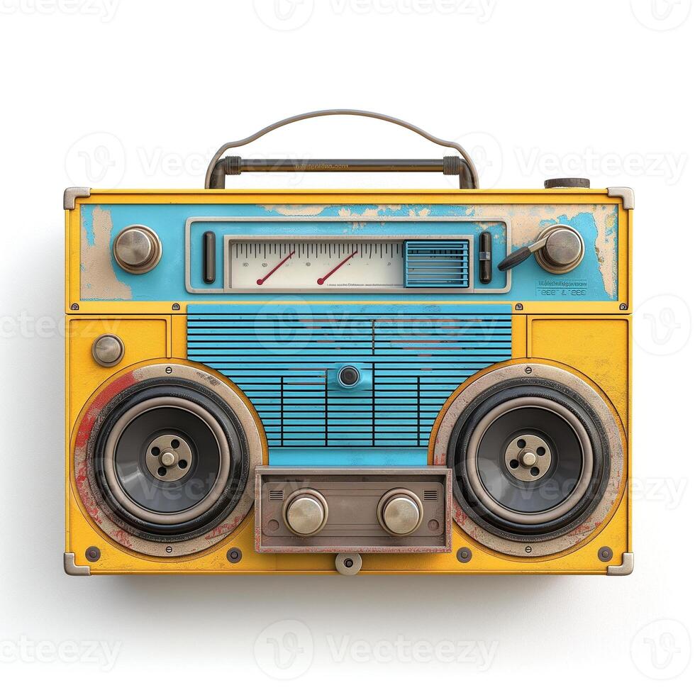 Vintage boombox with a retro color scheme of blue and yellow, showcasing nostalgic charm. photo