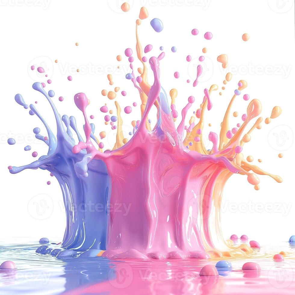 Colorful splashes of blue and pink paint create vibrant patterns against a white background. photo