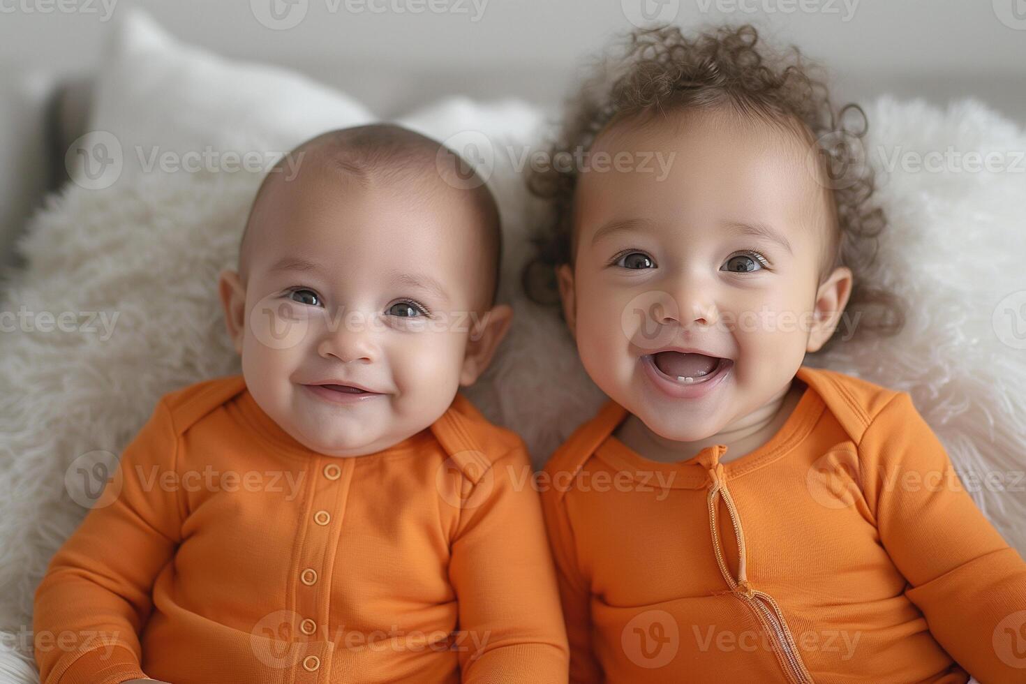 Two adorable babies, one with straight hair and the other with curly hair, are smiling happily, dressed in matching orange outfits. photo