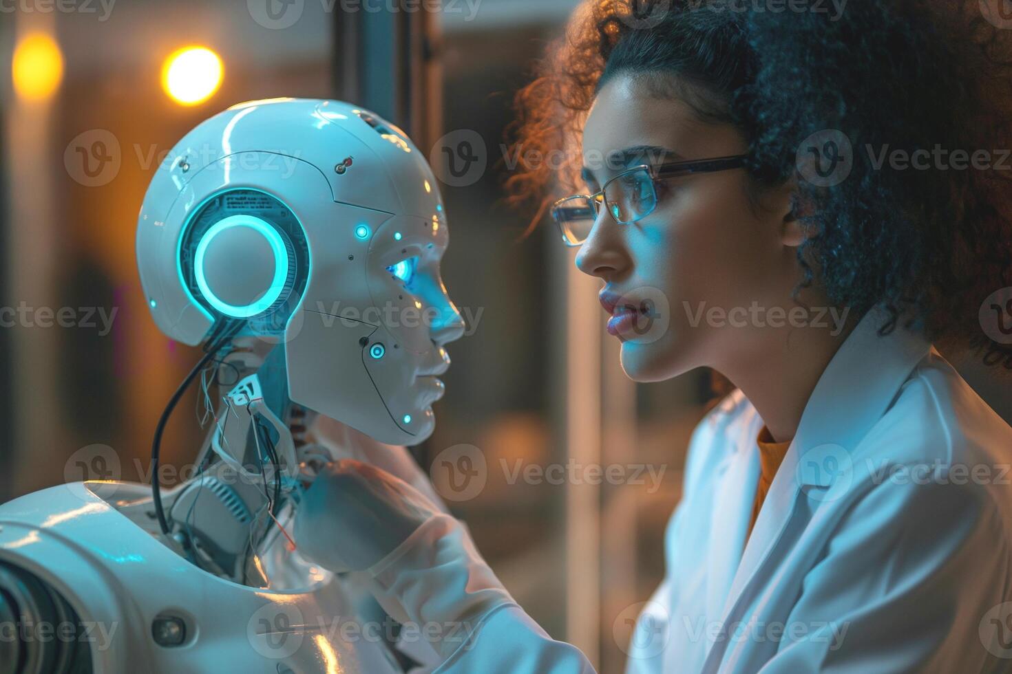 A young Middle-Eastern female scientist interacts with a humanoid robot in a futuristic lab, illuminated by blue ambient lighting. photo