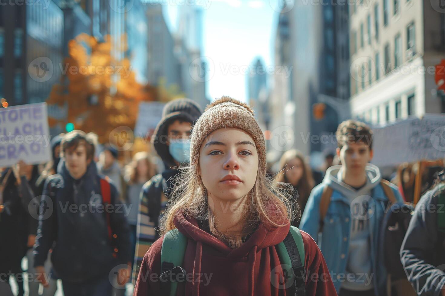 A young Caucasian woman stands confidently at the forefront of a lively protest, amidst a sea of passionate demonstrators. photo