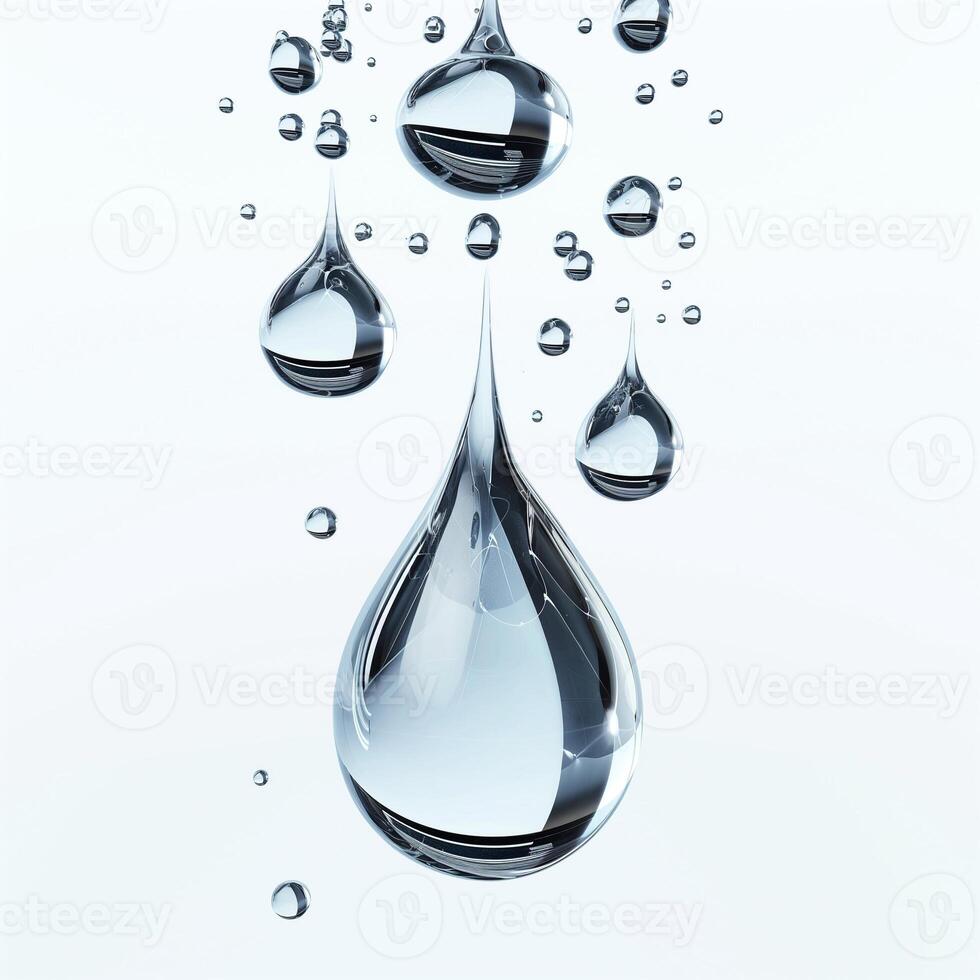 Close-up of crystal-clear water droplets suspended in mid-air, showcasing their reflective surfaces. photo