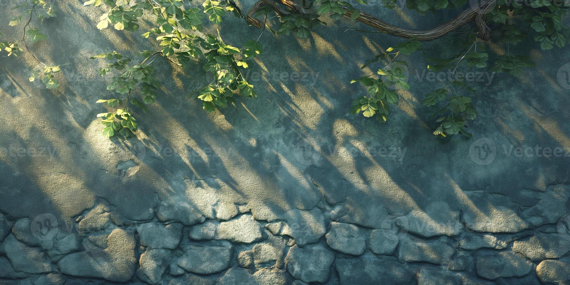 A serene view of leaves casting shadows on a textured stone wall, creating a tranquil atmosphere. photo