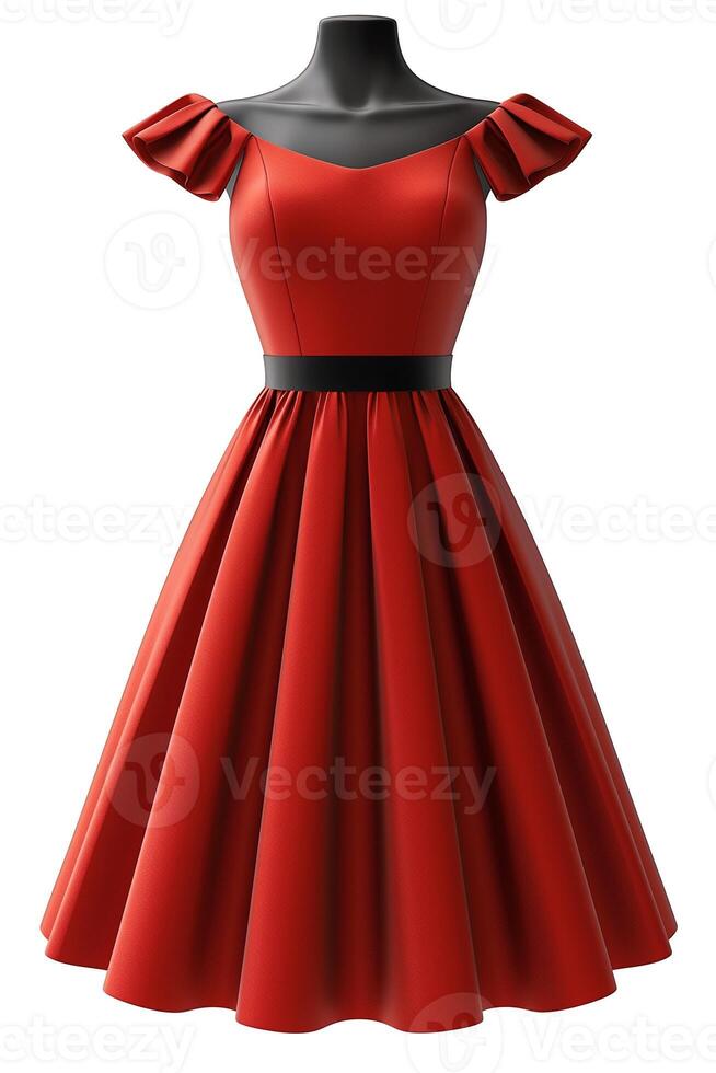 Elegant red dress with puffy sleeves and a fitted bodice, showcasing a classic and timeless style. photo