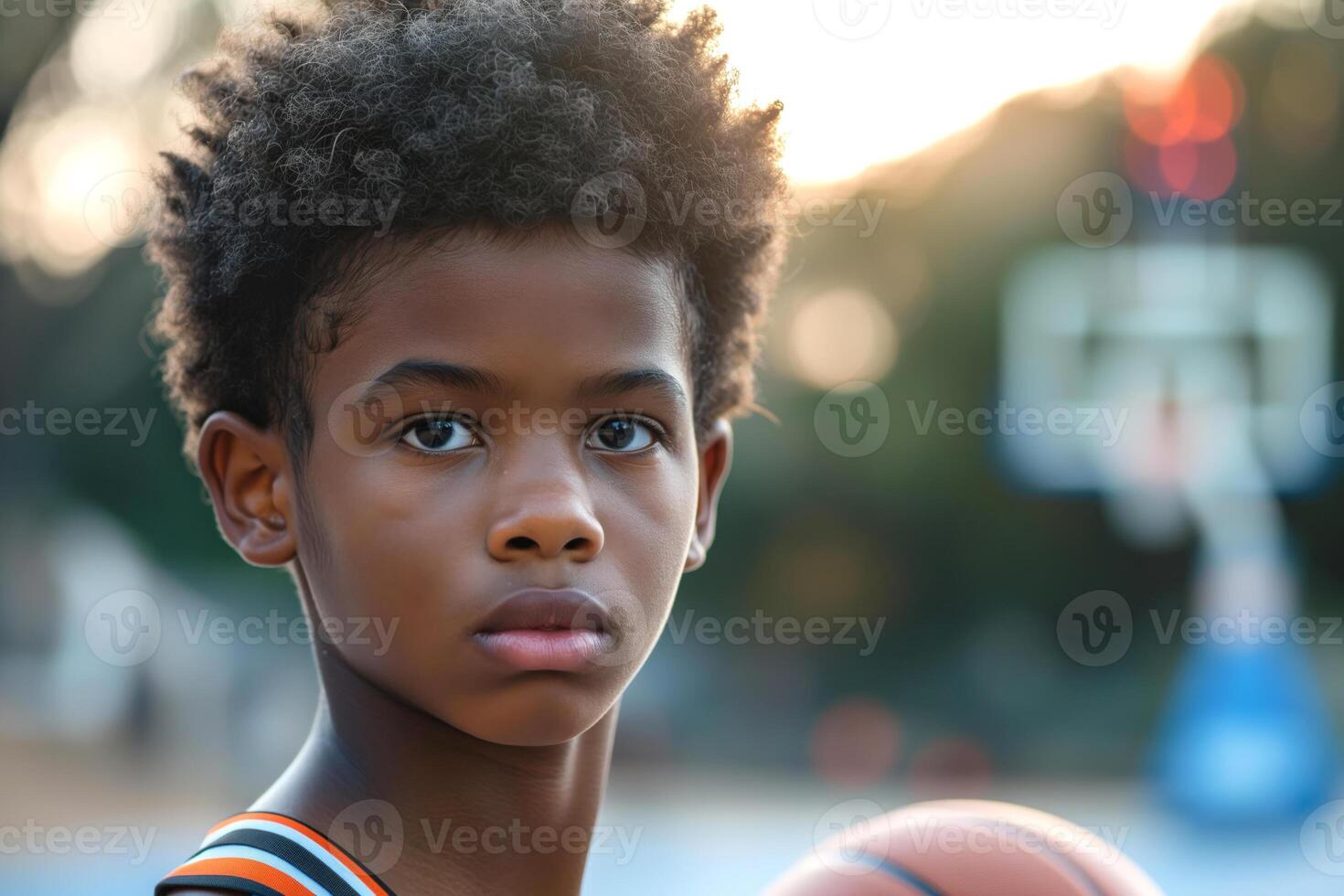 A young African American boy with curly hair holds a basketball, gazing intently at the camera on an outdoor court. photo