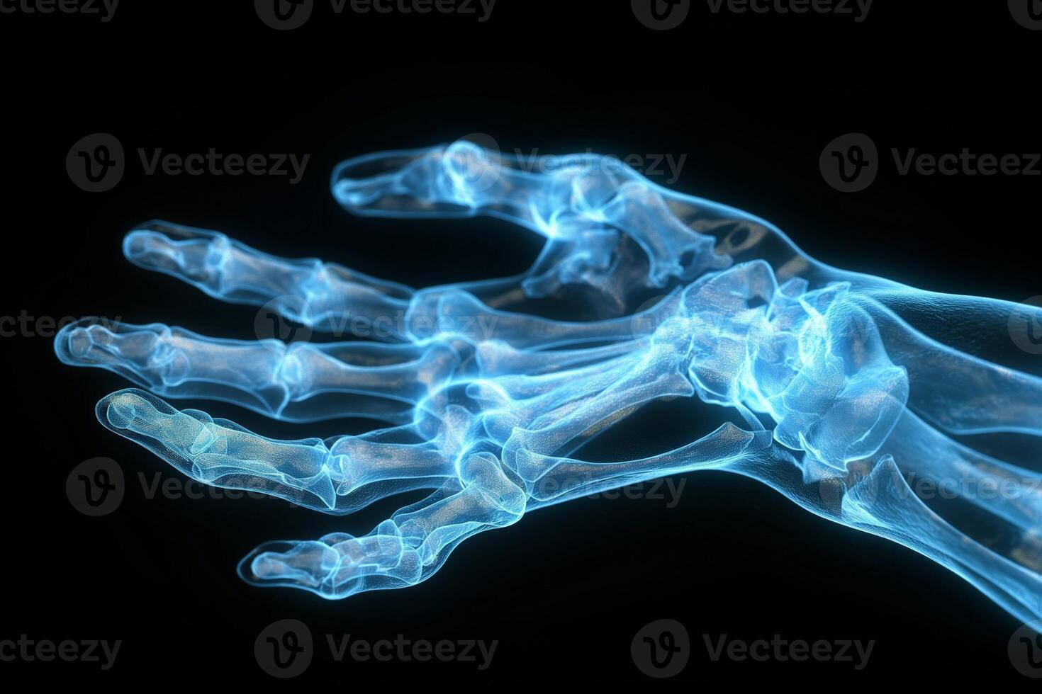 A glowing, translucent representation of a human hand showcases intricate bone structures in a striking blue hue. photo
