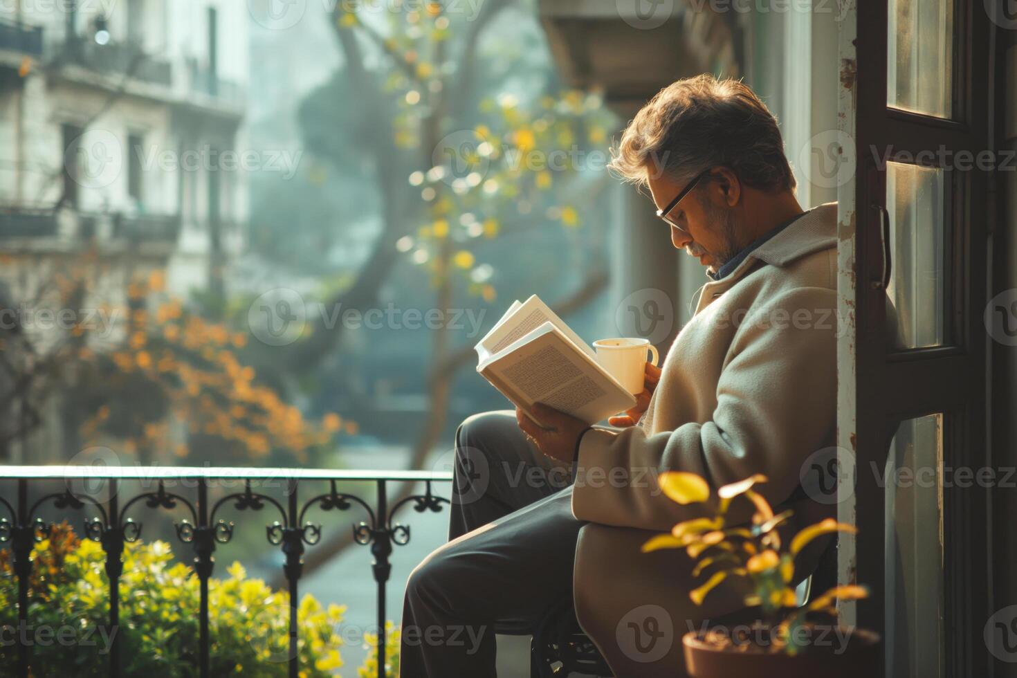 A middle-aged Caucasian man enjoys reading a book on a cozy balcony, sipping coffee amidst a warm, relaxing morning ambiance. photo