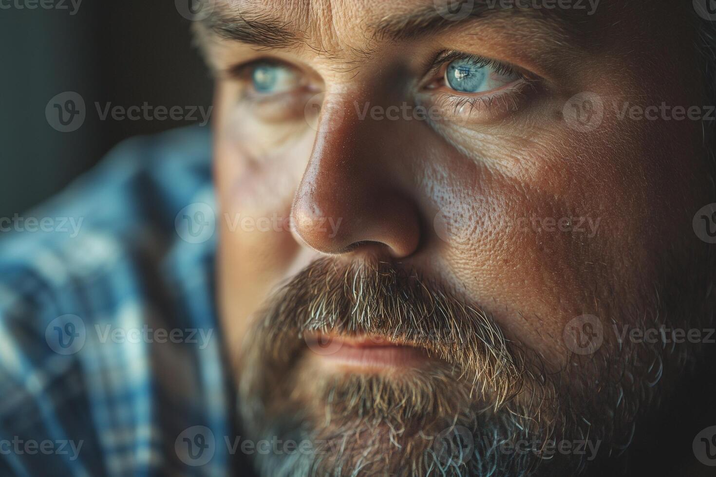 Close-up of a thoughtful Caucasian man with a beard and striking blue eyes, reflecting a mood of contemplation. photo