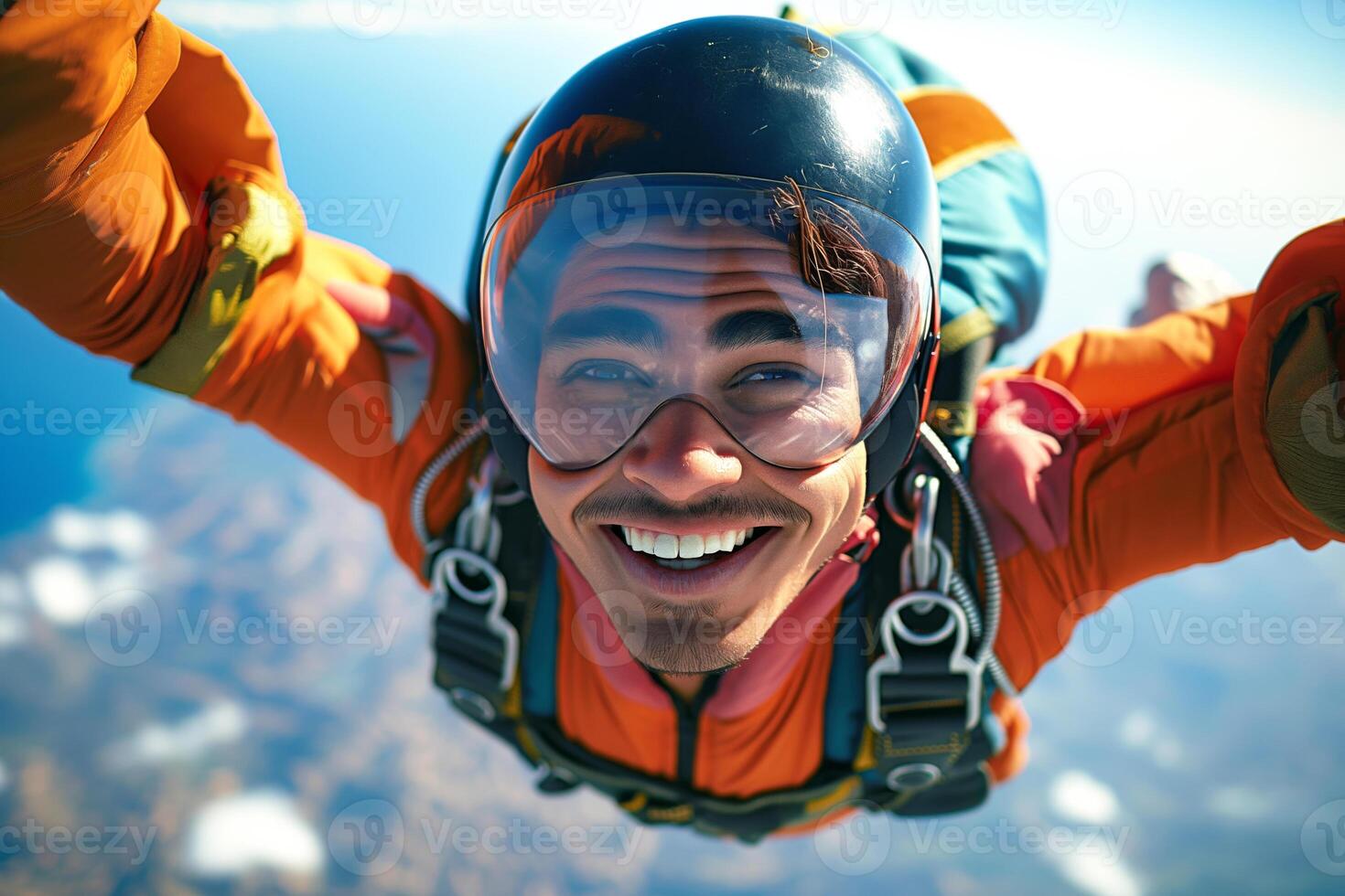 A joyful male skydiver of Latin descent smiles broadly while free-falling against a stunning blue sky. photo