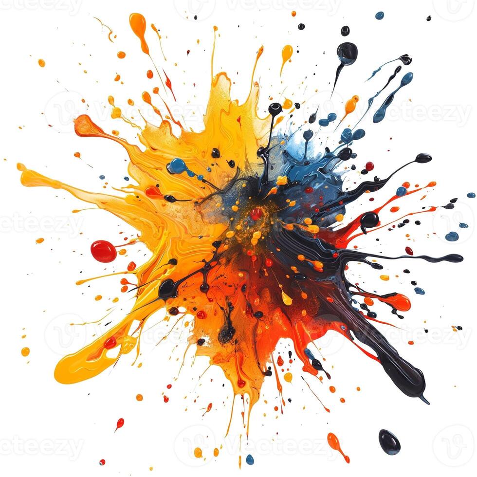 A vibrant explosion of colors showcasing a bold mix of orange, yellow, blue, and black paint splatters against a white background. photo