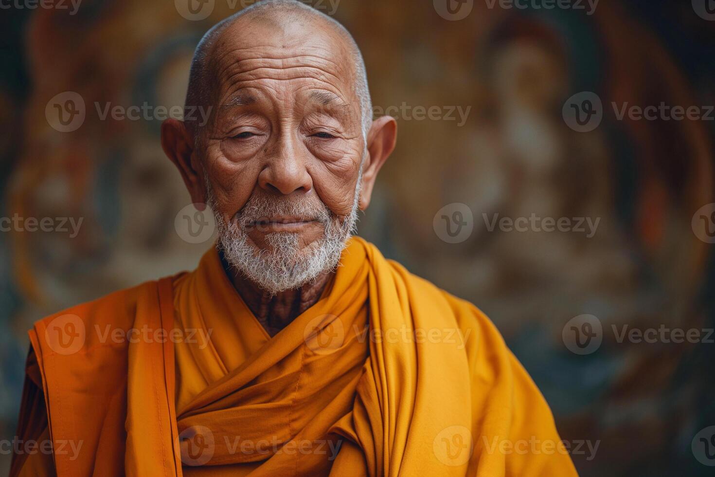 An elderly Asian man in a vibrant orange robe gazes thoughtfully, embodying wisdom and tranquility in a serene atmosphere. photo