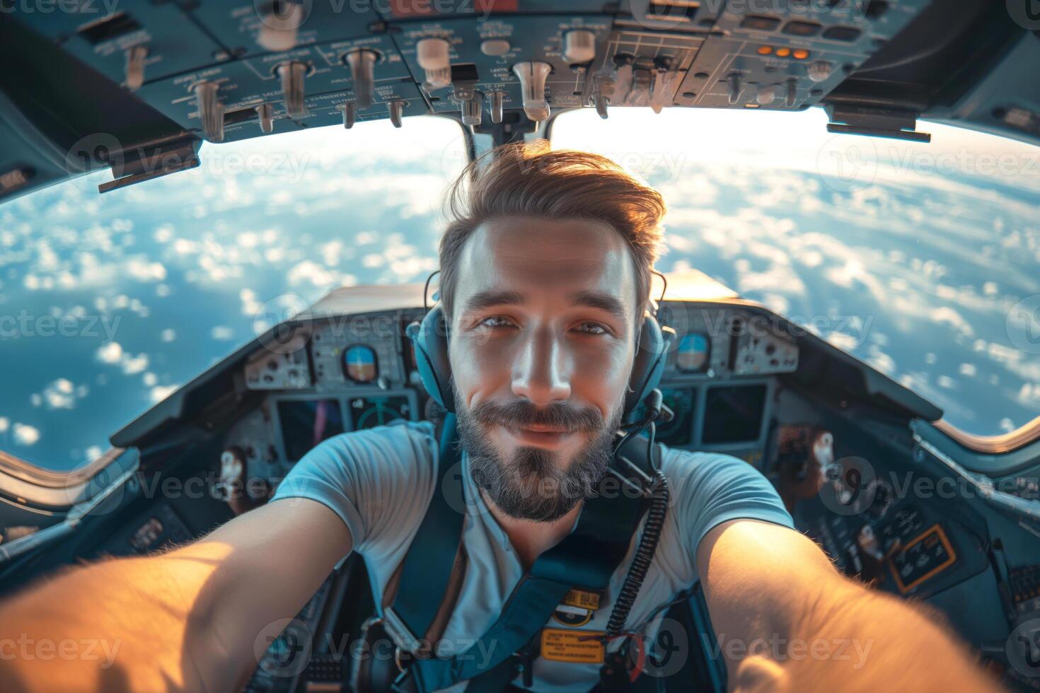 A young Caucasian male pilot smiles for a selfie in the cockpit, surrounded by flight instruments and a beautiful sky. photo