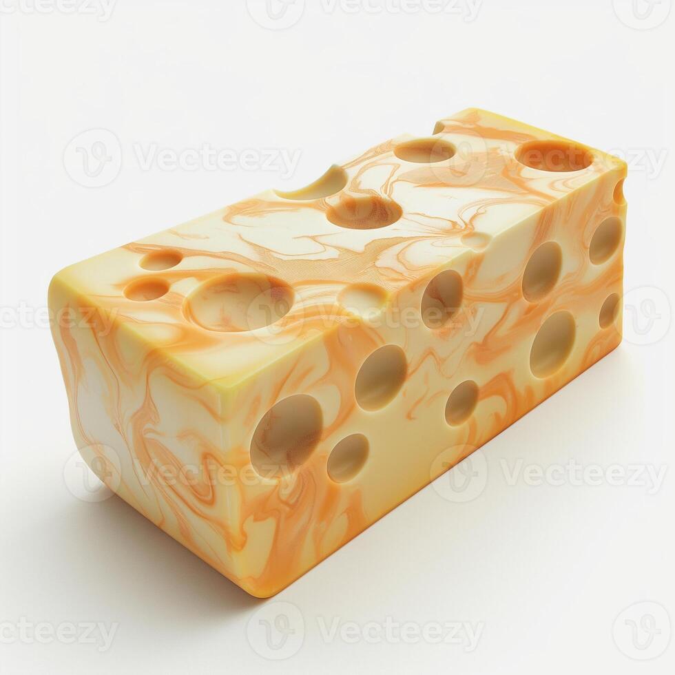 A vibrant orange and yellow marbled cheese block with holes, showcasing an eye-catching design that adds a playful touch. photo