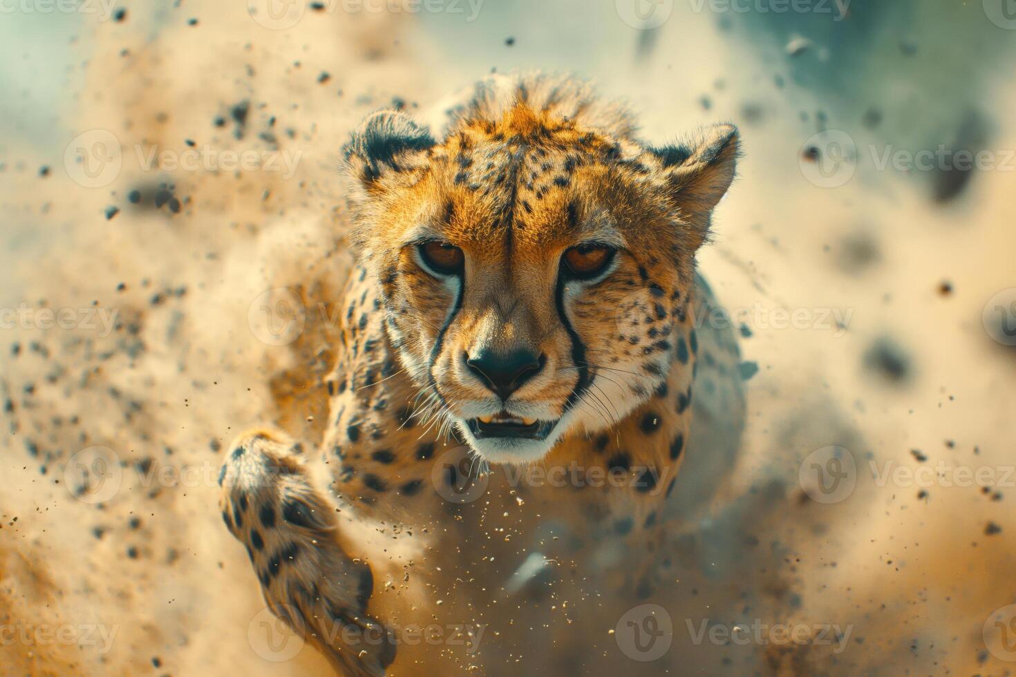 A powerful cheetah sprinting through swirling dust, showcasing its incredible speed and agility. photo