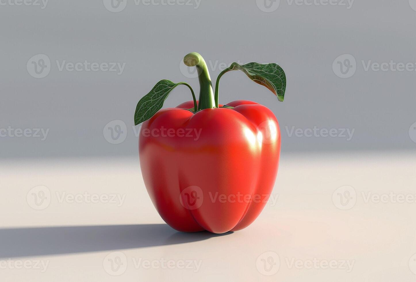 A vibrant red bell pepper with glossy skin and fresh leaves, positioned elegantly against a neutral background. photo