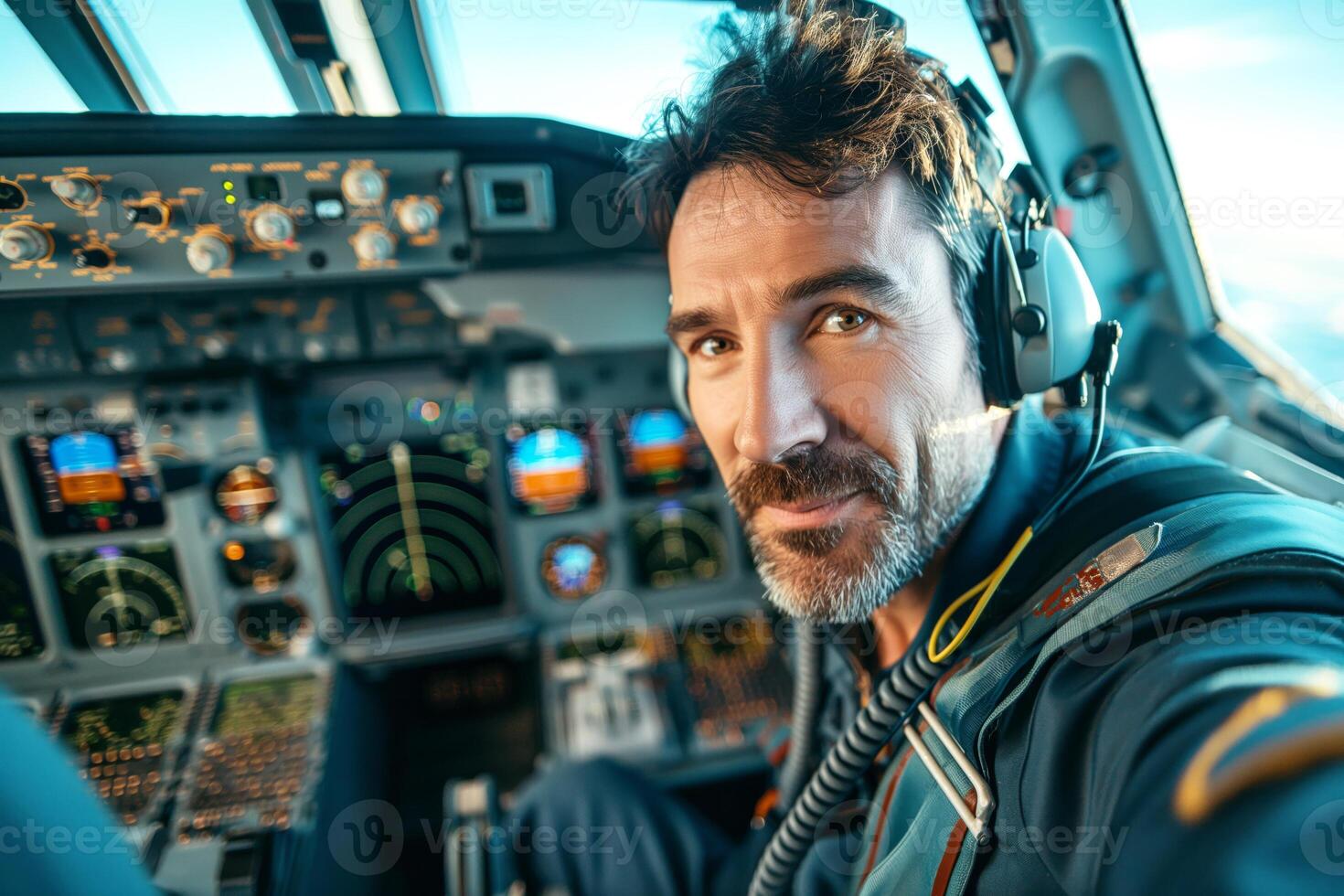 A male pilot smiles confidently in the cockpit, showcasing advanced instrument panels and a serene sky in the background. photo