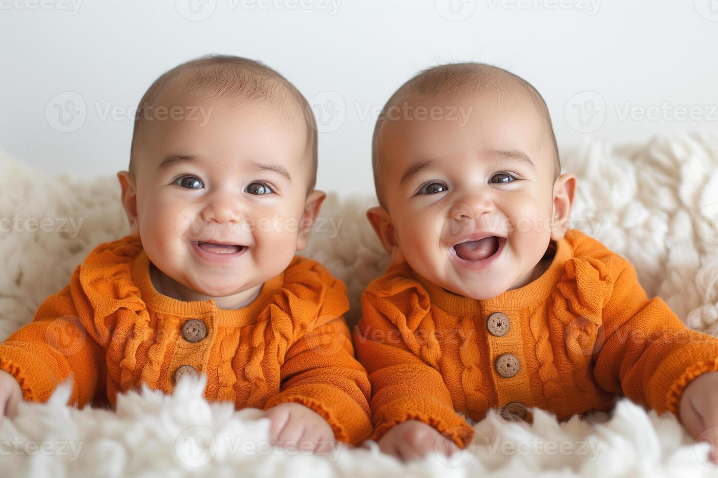 Two joyful infants, one Asian and one mixed ethnicity, wearing matching orange sweaters, smiling on a fluffy white blanket. photo