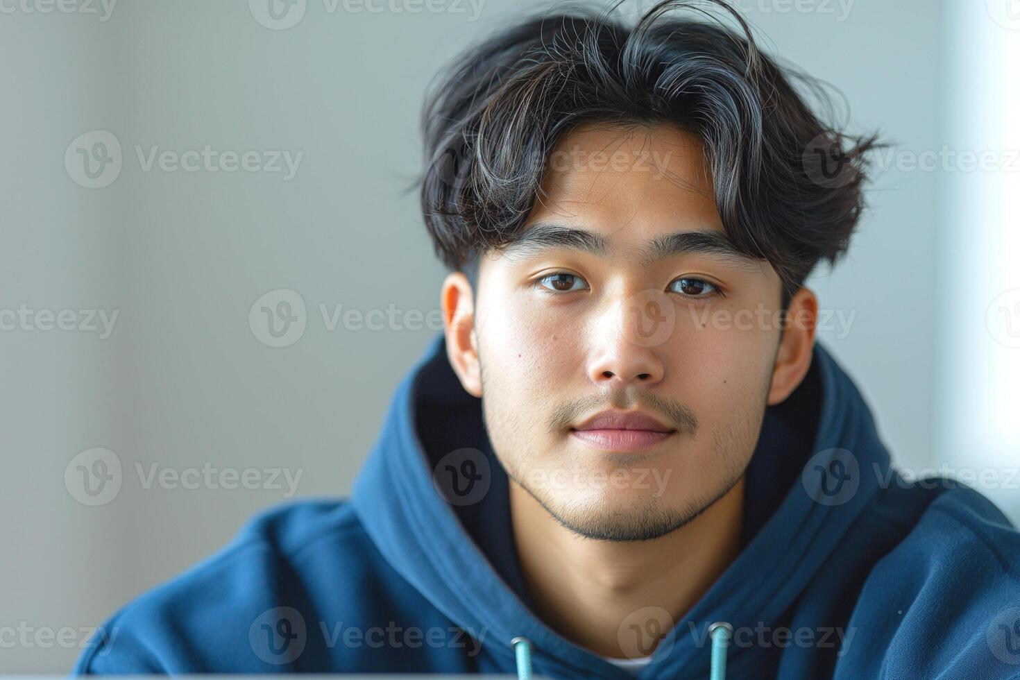 A young Asian man with tousled hair and a thoughtful expression, wearing a blue hoodie, seated indoors with soft natural lighting. photo