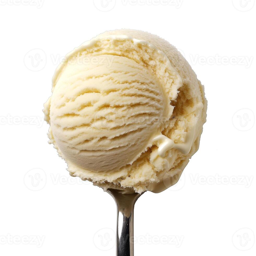 A close-up of a creamy vanilla ice cream scoop on a silver spoon, inviting and delicious. photo