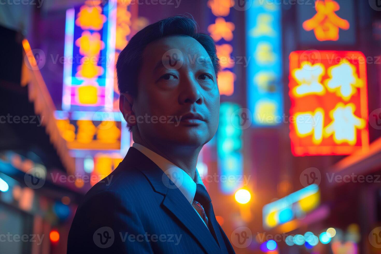 A man with East Asian descent in a suit gazes into the distance amidst vibrant neon lights, capturing a dynamic urban vibe. photo