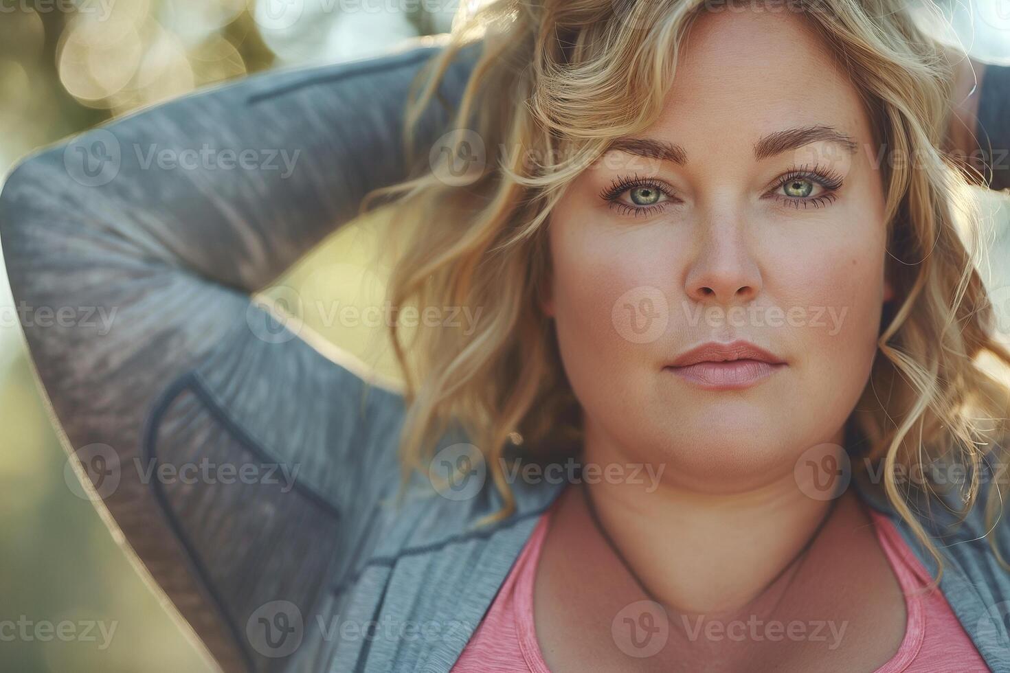 A confident Caucasian woman with curly blonde hair poses outdoors, showcasing her striking green eyes against a soft, blurred background. photo