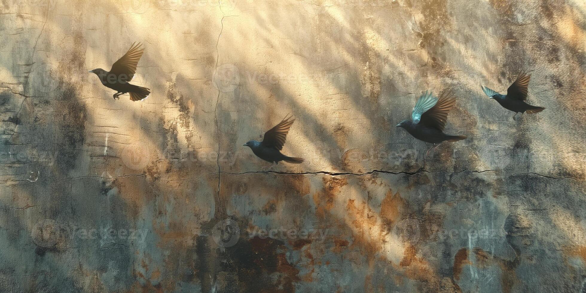 A serene moment capturing birds in flight against a textured wall, highlighting nature's grace and beauty. photo