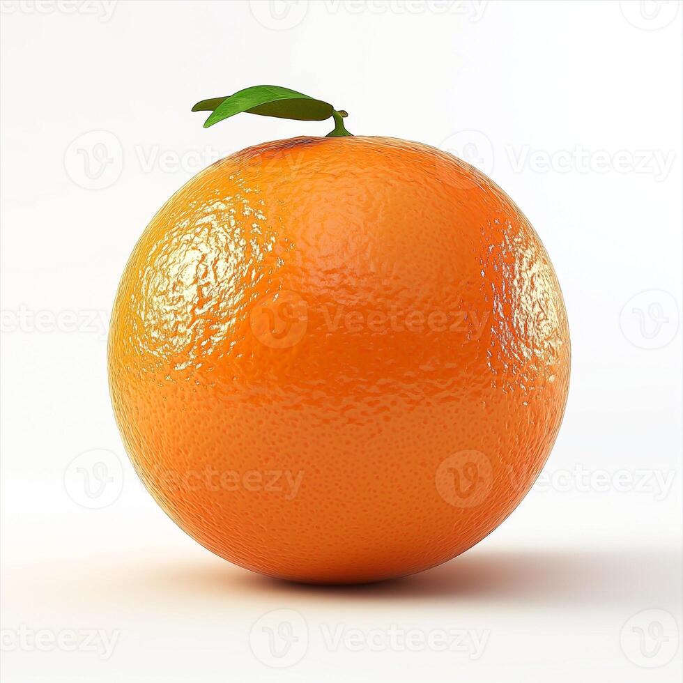 A vibrant orange fruit with a green leaf, showcasing its glossy texture and bright color. photo