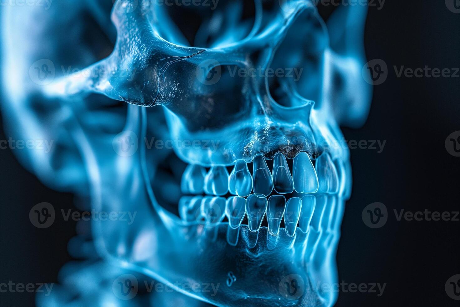 Close-up of a translucent blue skull with detailed teeth and jaw structure, showcasing intricate anatomical features. photo