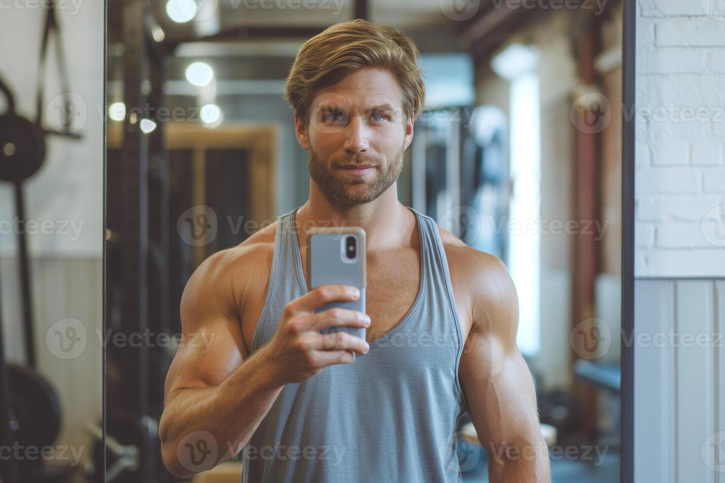 Muscular Caucasian man in a gym takes a confident selfie while showcasing his physique. photo