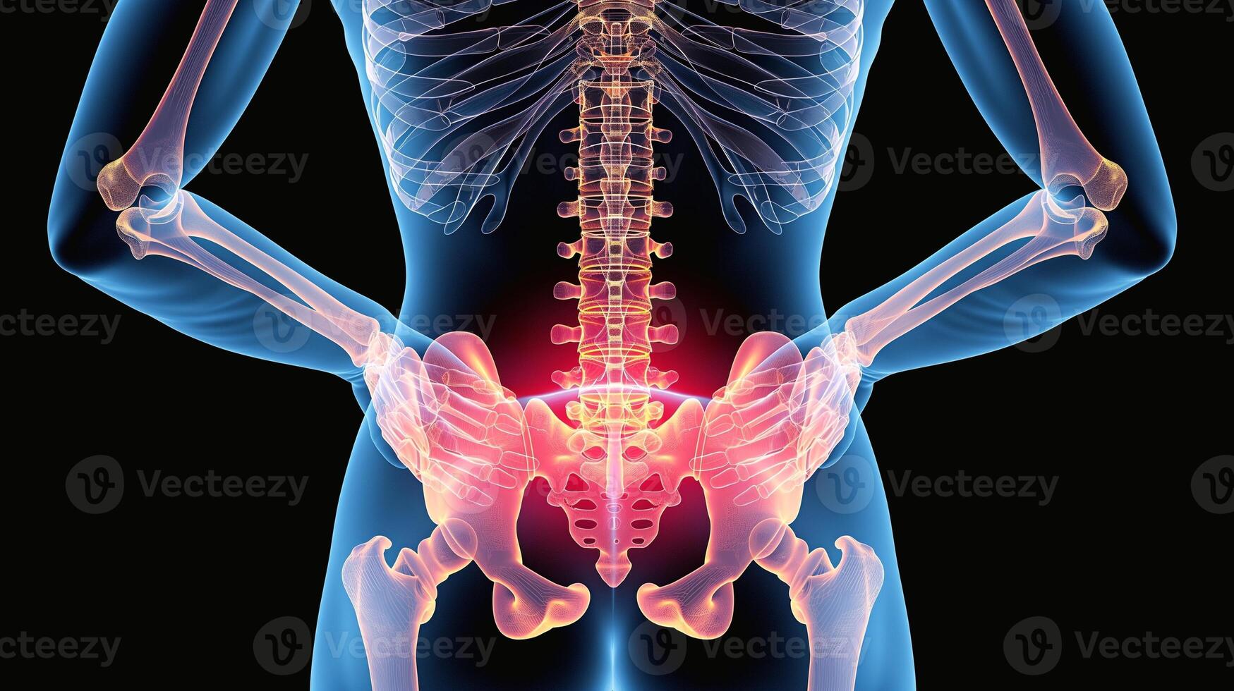 Anatomical illustration of a human spine and pelvis, highlighting lower back pain in vibrant red. photo