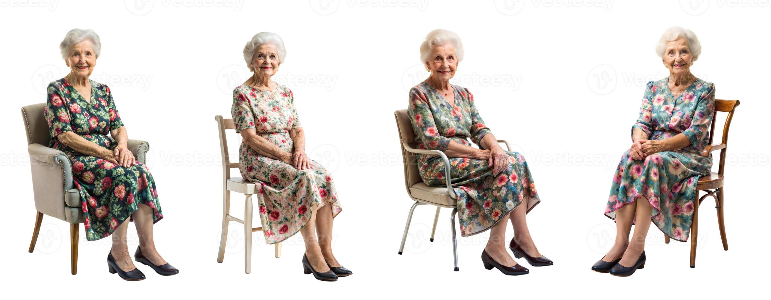 An elderly Caucasian woman in a floral dress poses gracefully in four different chairs, showcasing her elegance and charm. photo