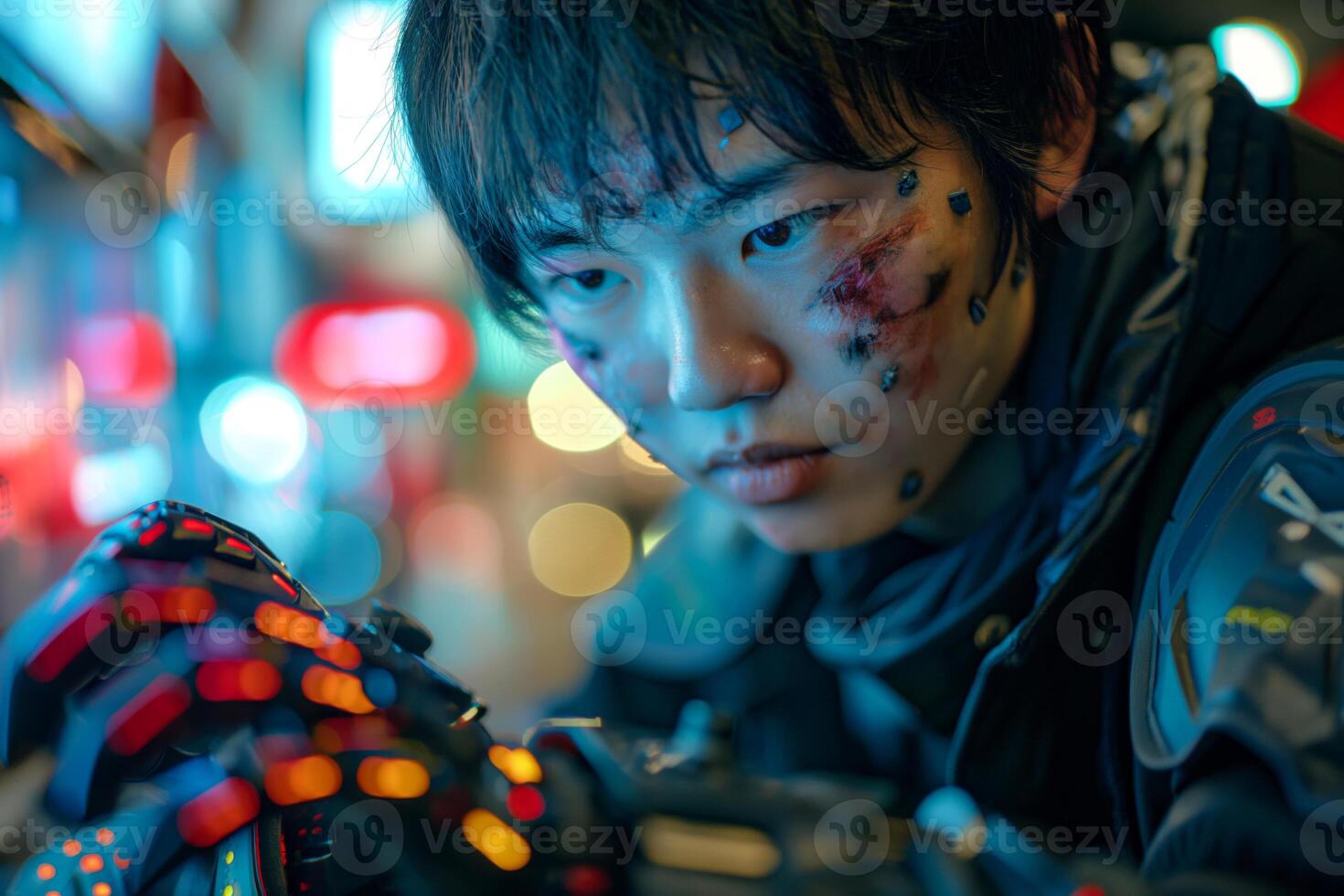 A focused young Asian male in futuristic gear, showing determination and battle scars while working on advanced technology. photo