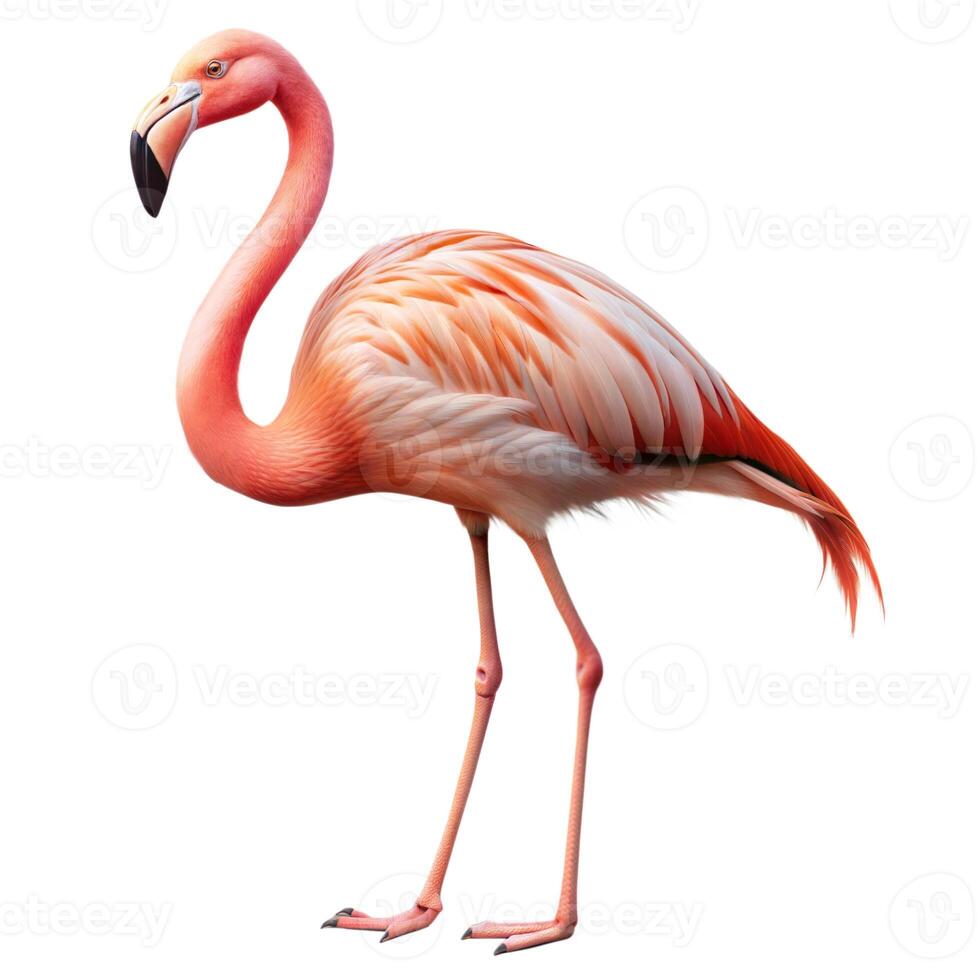 A vibrant pink flamingo standing gracefully with elegant feathers and a long neck. photo