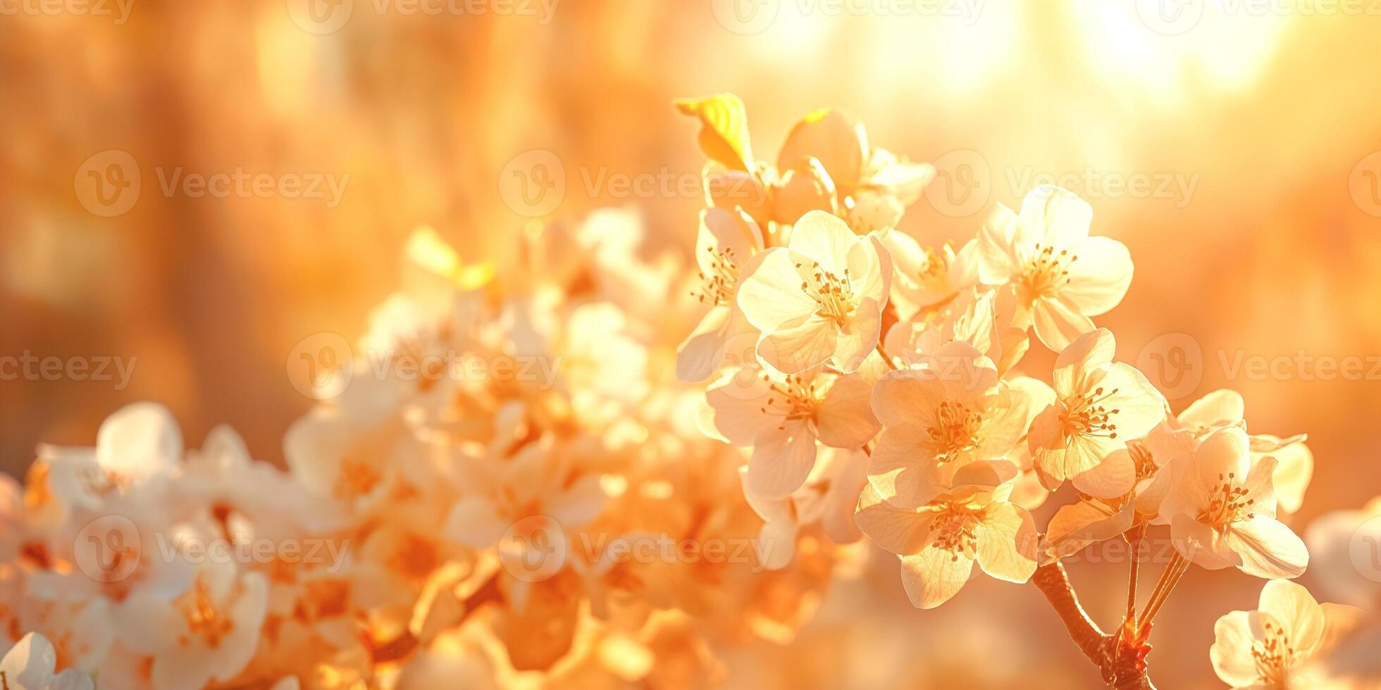 Delicate cherry blossoms bathed in warm golden sunlight, creating a serene spring ambiance. photo