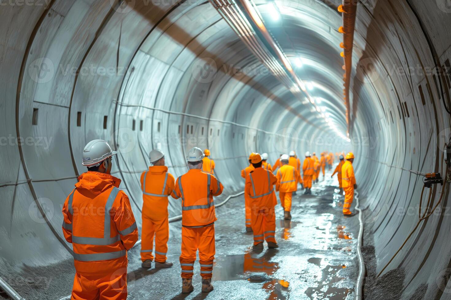 Group of construction workers in bright orange safety gear walking through a modern tunnel. photo