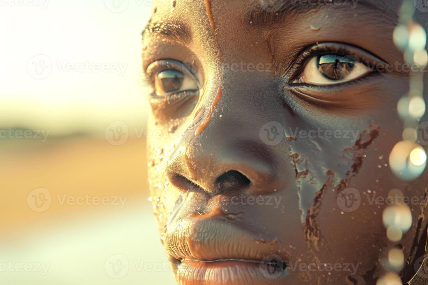 Close-up of a young Black boy with glistening skin, reflecting the golden hues of a sunset at the beach. photo
