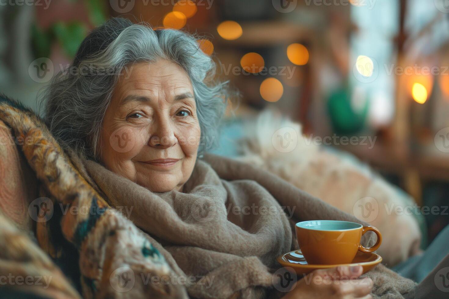 A serene older Asian woman with gray hair enjoys tea on a cozy couch, surrounded by warm, ambient lighting. photo