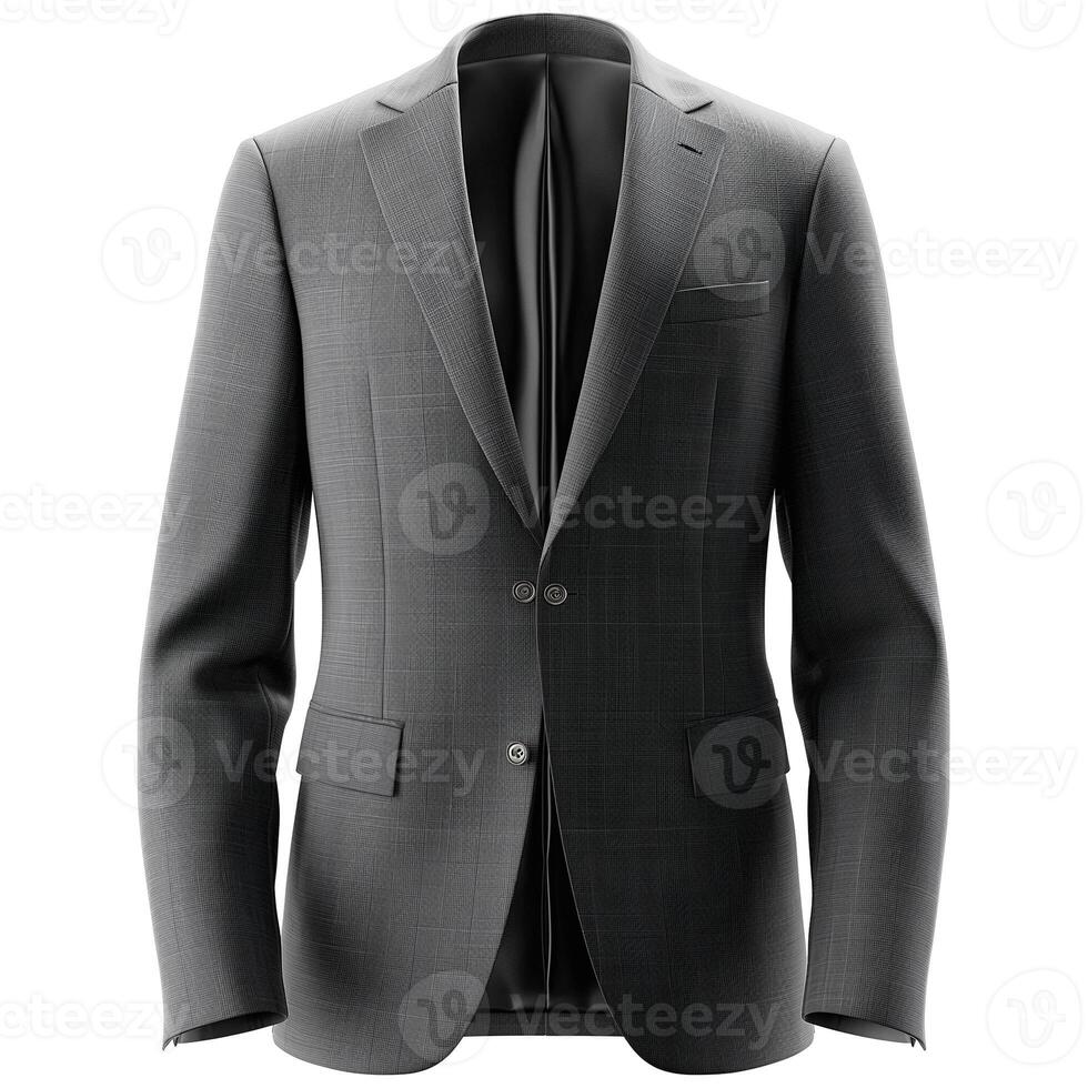 Stylish gray suit jacket with a modern cut and plaid texture, perfect for formal occasions. photo