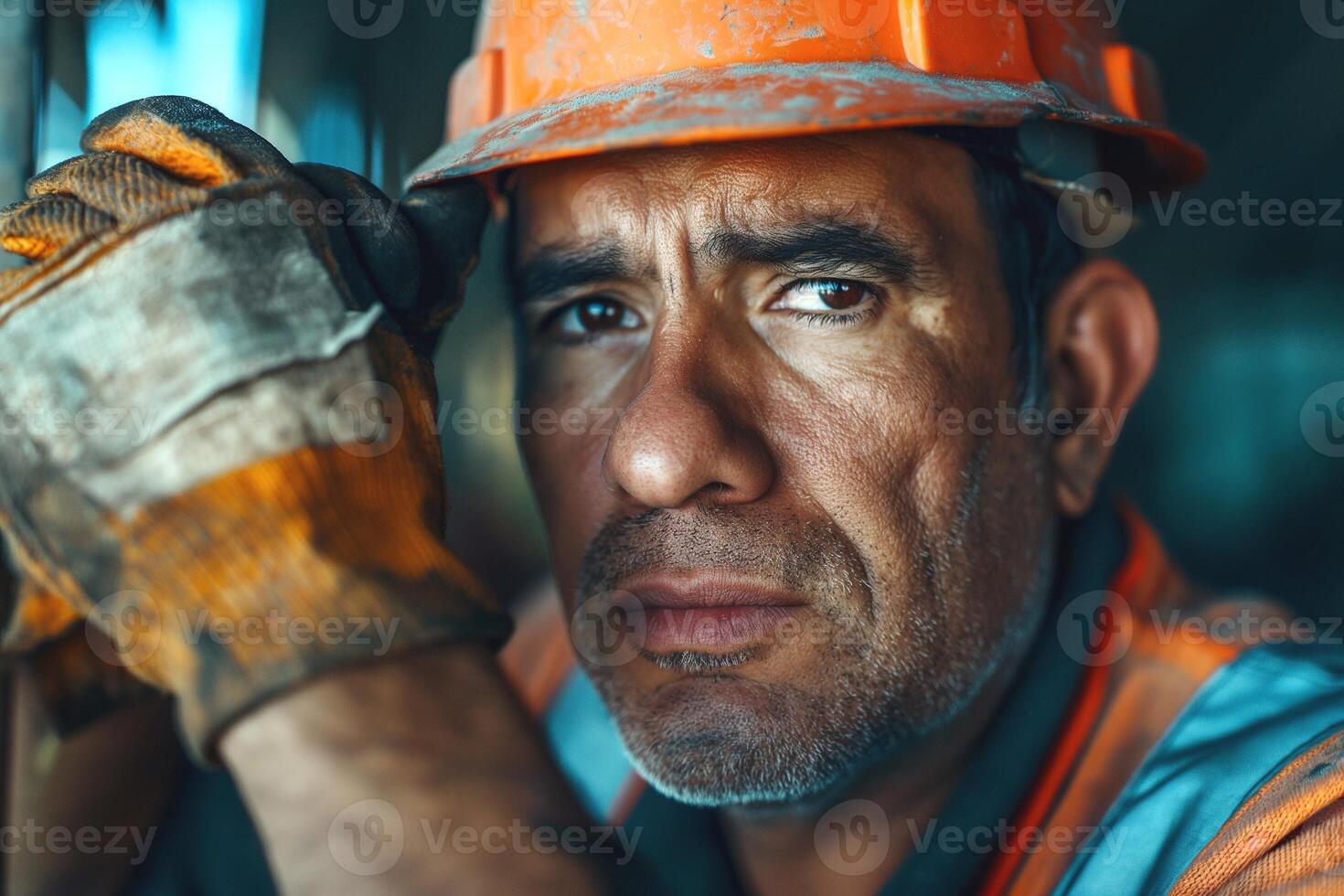 Close-up of a Hispanic male construction worker wearing an orange hard hat and gloves, displaying a serious expression. photo
