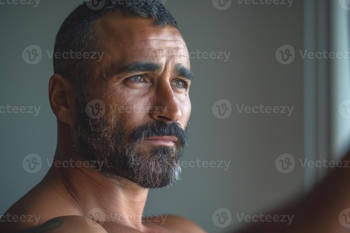 Close-up of a middle-aged Hispanic man with a beard, gazing thoughtfully out of a window, evoking a sense of contemplation. photo