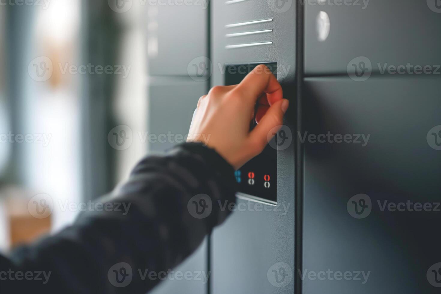 A close-up of a hand interacting with a modern black locker system, showcasing technology in storage solutions. photo