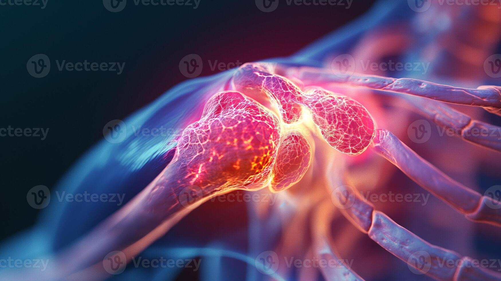 3D illustration of a human shoulder joint showing cartilage and bone structures, highlighting anatomical details. photo