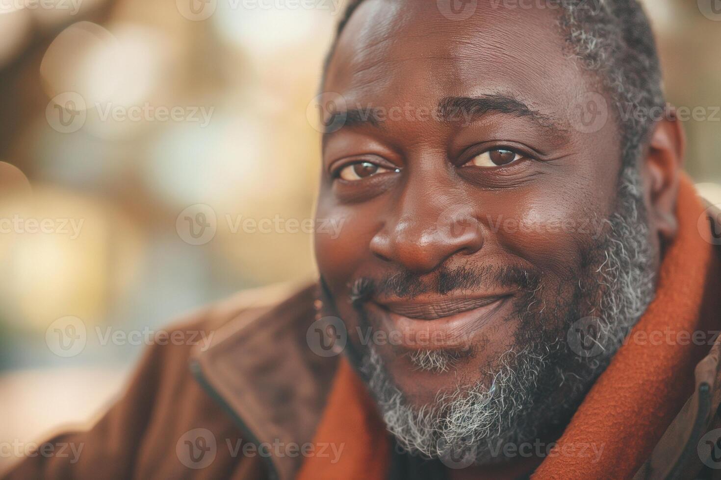 A joyful African American man in a brown jacket smiles warmly, radiating positivity and happiness in a softly blurred outdoor setting. photo