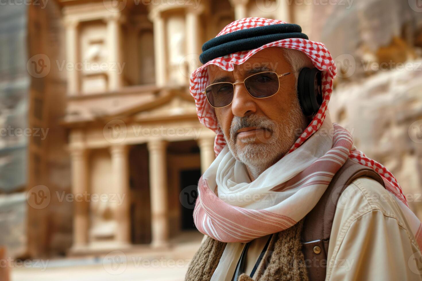 An elderly Arab man wearing traditional attire, headphones on, gazes thoughtfully at the ancient architecture behind him. photo